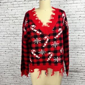 NWOT Christmas Sweater Red Plaid Distressed, Cropped, Candy canes and snowflakes